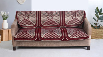 Nendle Chenille Jacquard Weaved Velvet Fabric 3 Seater Sofa Cover (Maroon, Set of 2 Pieces)